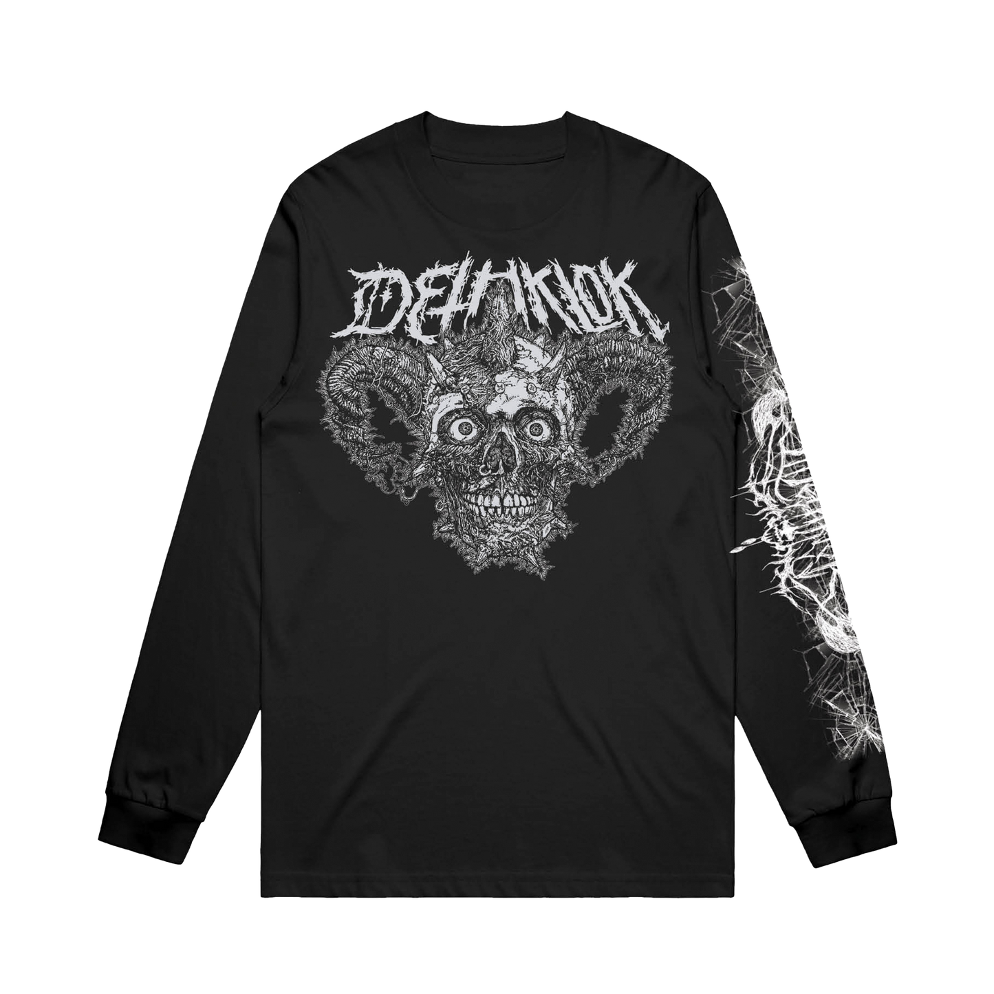 Black long sleeve tee featuring a white, hyper-detailed skull illustration with twisted ram horns and wild eyes on the chest. Above the skull is the word “DETHKLOK” in jagged, metal-style lettering. The right sleeve has chaotic white linework resembling tangled roots or thorns