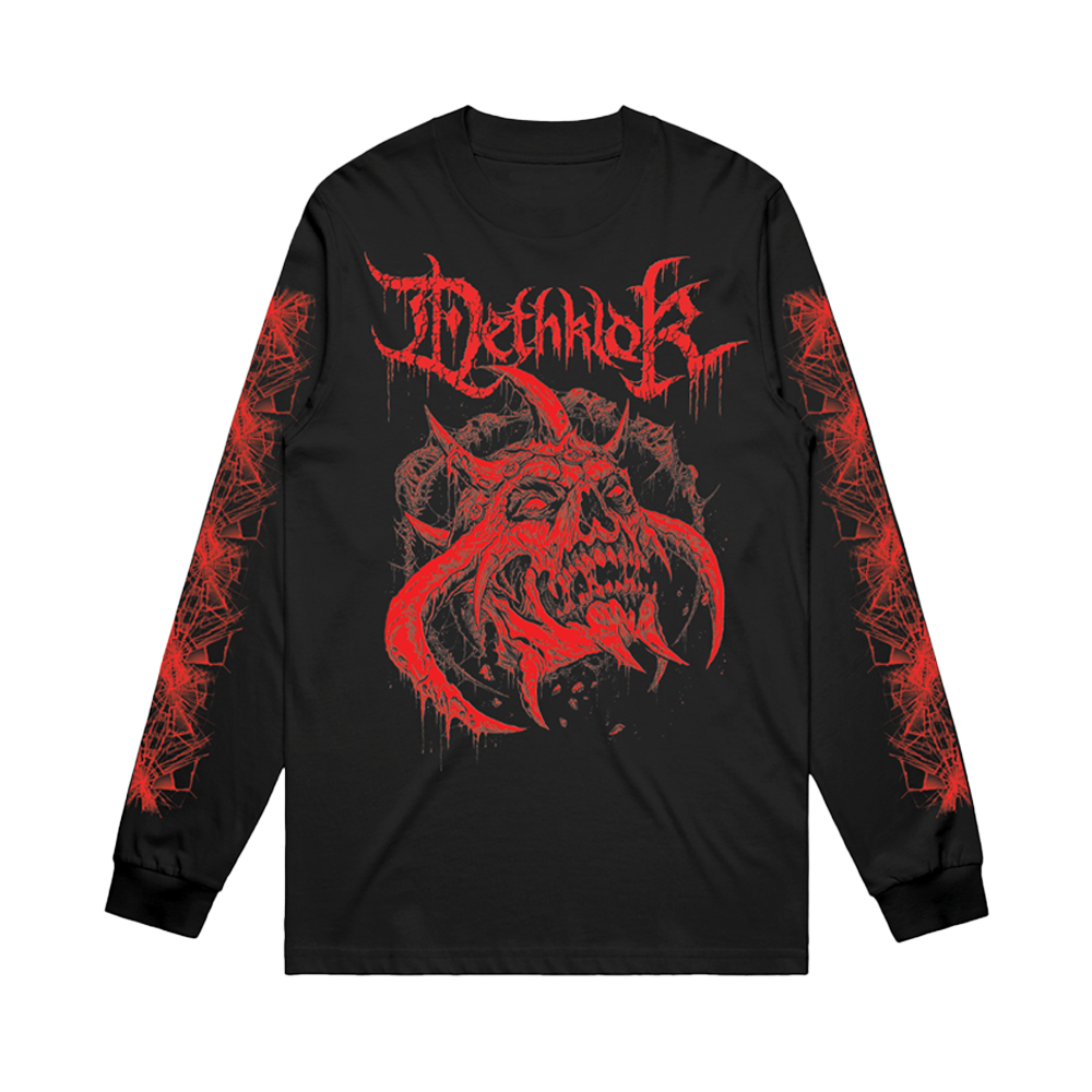 Long-sleeve tee in black with vivid red decayed skull art on the chest and sharp, chaotic web designs on the arms.
