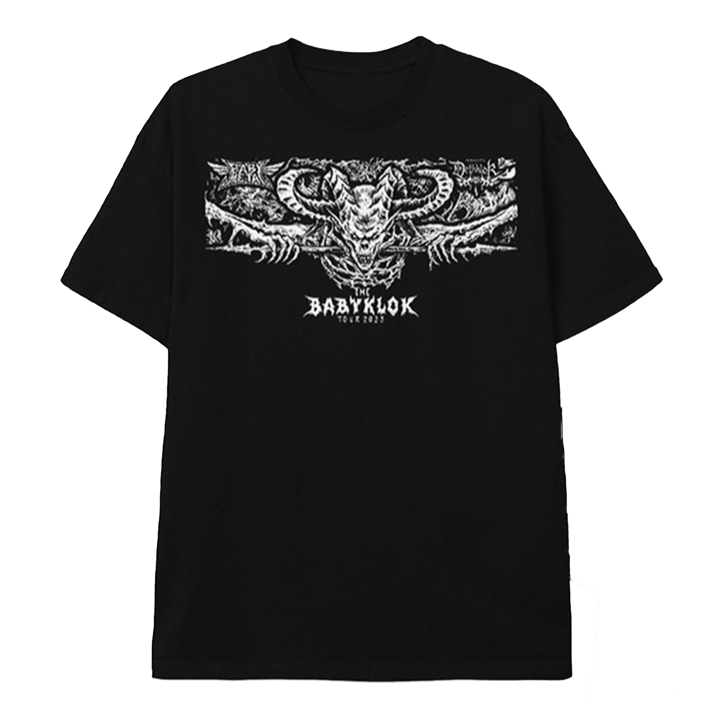 Front view of a black tee with an aggressive skeletal demon head graphic in white and “BABYKLOK Tour 2023” text beneath.