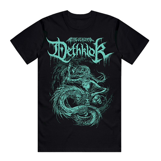 Black Dethklok t-shirt featuring swirling mermaid graphic with skulls and tentacles in aqua ink.
