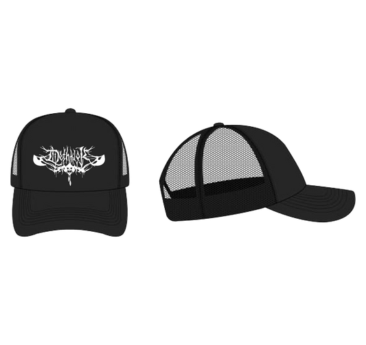 Black trucker hat with Dethklok logo embroidered across the front.