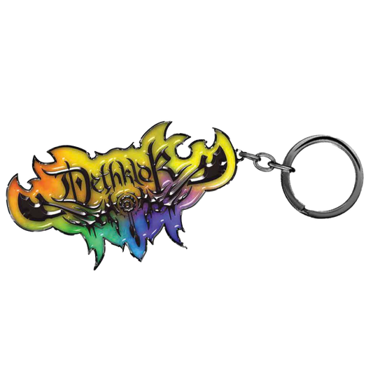 Metal keychain featuring the Dethklok logo in a gradient rainbow design.