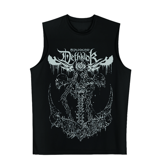 Black Dethklok tank top with white skeletal warrior artwork by Mark Riddick and Dethklok logo.