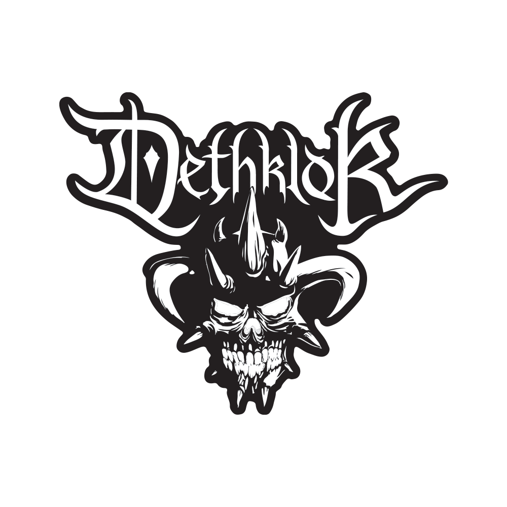 Black and white patch featuring the Dethklok Facebones skull with horns and sharp teeth.