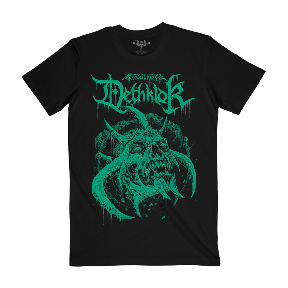 Black T-shirt featuring a ghoulish green skull with twisted tusks and drippy "Dethklok" lettering.