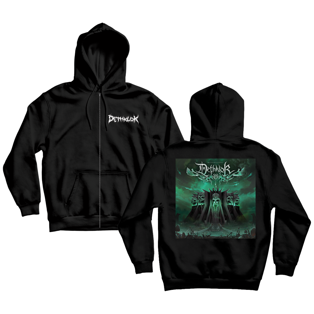 Black zip-up hoodie with white Dethklok logo on front and green Dethalbum IV artwork on back