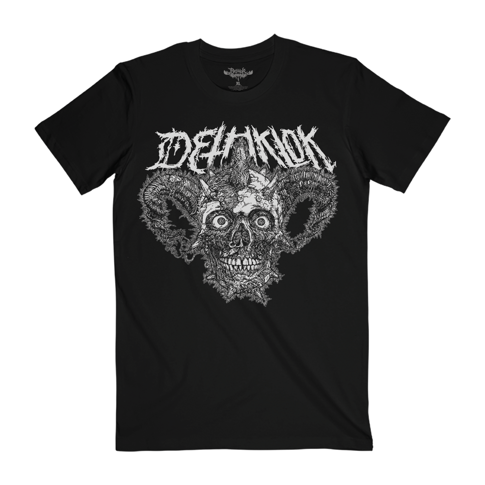 Black T-shirt with a white graphic of Facebones—a skull with bulging cartoon eyes and spiraling horns—under the Dethklok logo.