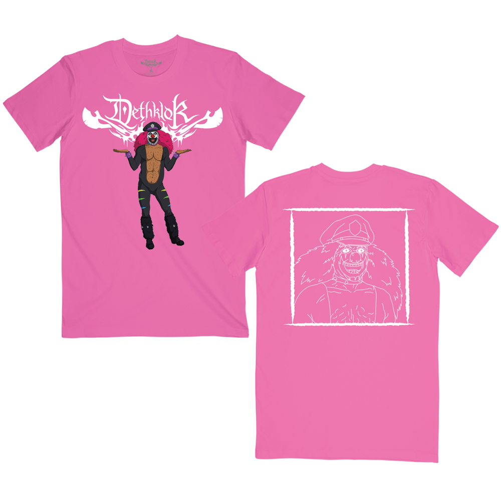 Bright pink Dethklok t-shirt featuring Rockzo the Clown with flames on the front and line art portrait on the back.