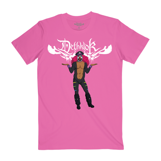 Bright pink Dethklok t-shirt featuring Rockzo the Clown with flames