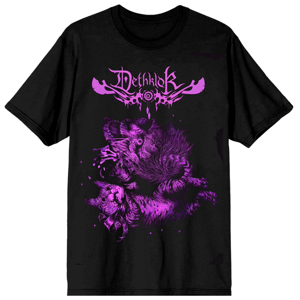 Black t-shirt with purple graphic design and text on a white background