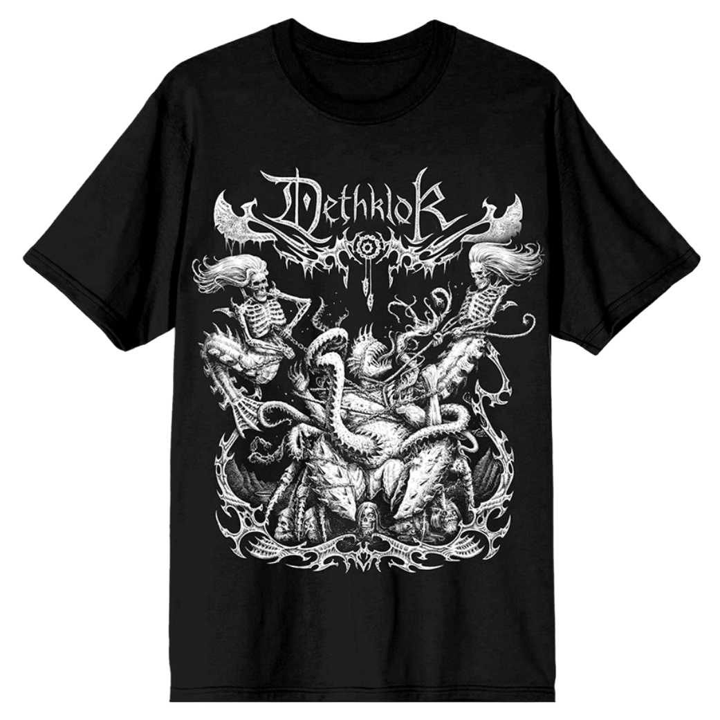 Black t-shirt with white graphic design and 'Dethklok' text on a white background