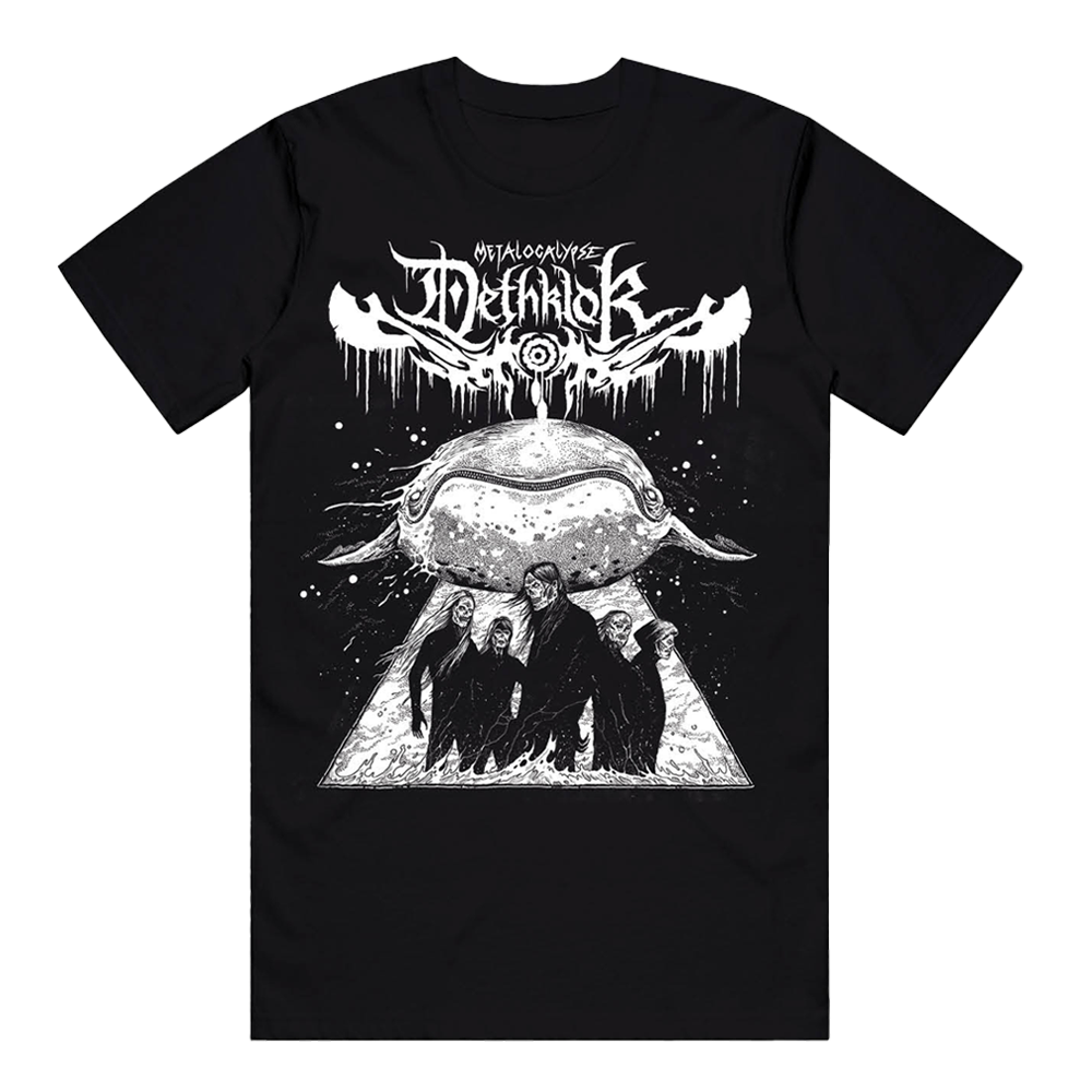 Black Dethklok t-shirt featuring a massive cosmic whale above the band emerging from a pyramid of water, illustrated in stark white.