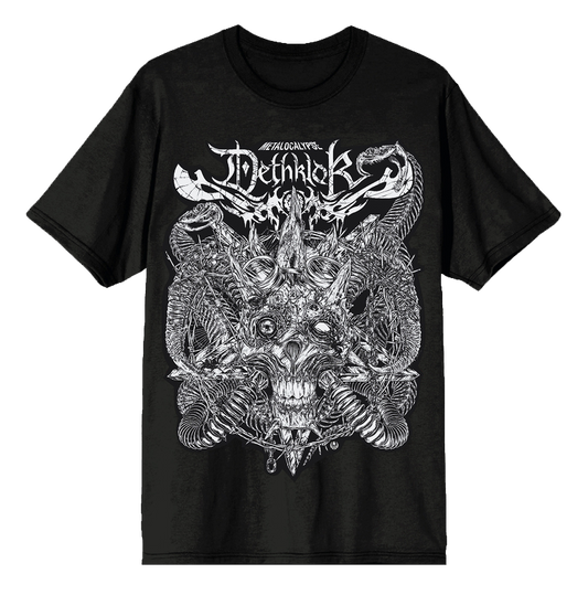 Black Dethklok t-shirt featuring a detailed grey illustration of a demonic skull entwined with serpents and spiked bones, with the band’s logo above.