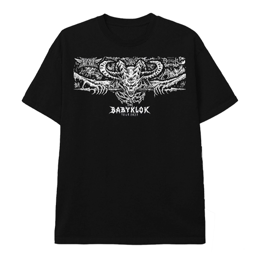 Front view of a black tee with an aggressive skeletal demon head graphic in white and “BABYKLOK Tour 2023” text beneath.