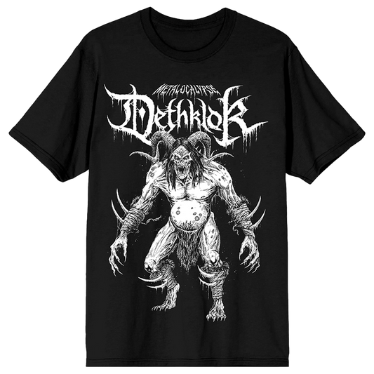 Black t-shirt with Dethklok logo and ogre illustration across the front.