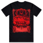 Black t-shirt with red graphic design featuring a demon  and text on a white background