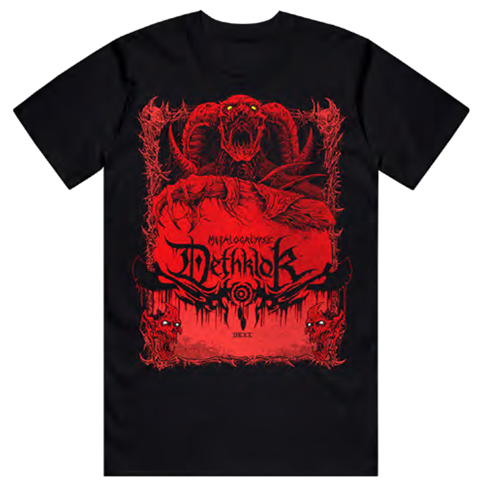 Black t-shirt with red graphic design featuring a demon  and text on a white background