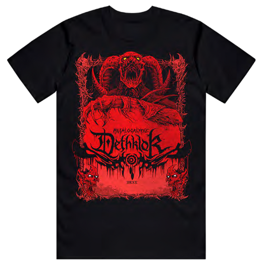 Black t-shirt with red graphic design featuring a demon  and text on a white background