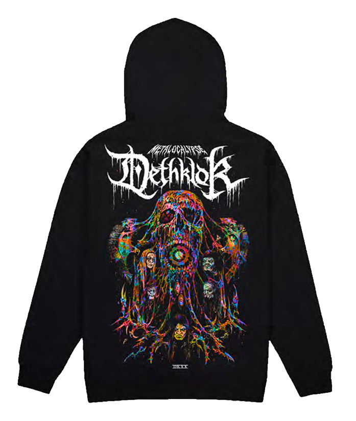 Black hoodie with colorful graphic design 