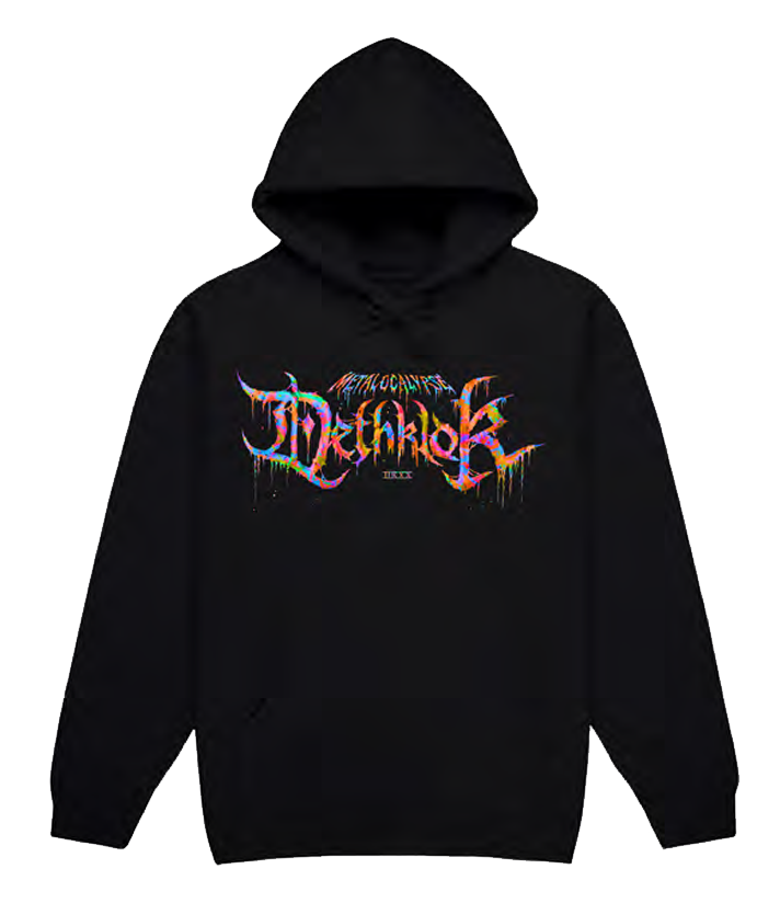Black hoodie with colorful Dethklok logo on a white background