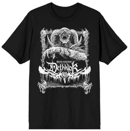 Black t-shirt featuring a demonic monster framed in bone-like spikes and webs, with the Dethklok logo below in distressed white ink.