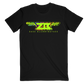 Black t-shirt with colorful logo and text on a white background
