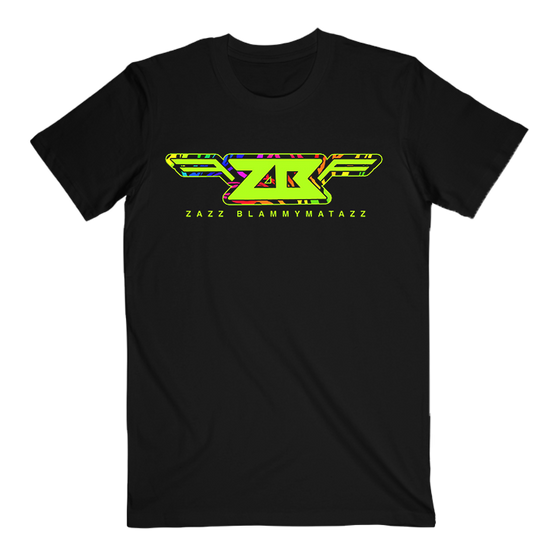 Black t-shirt with colorful logo and text on a white background