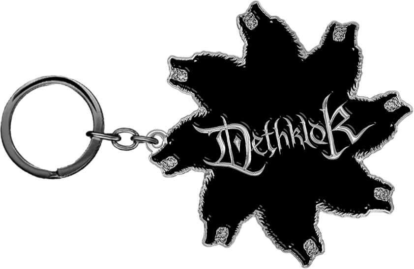 Small black enamel Dethklok keychain featuring the Wolves Star design with sharp lines and metallic detailing on a keyring.