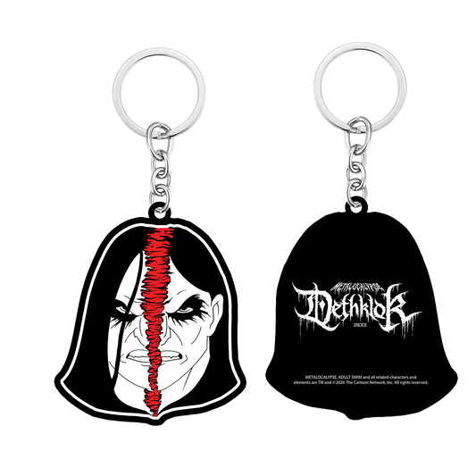 Keychain with a face design and black bell-shaped keychain with text on a white background
