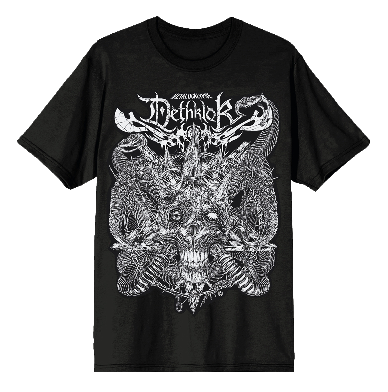 Black Dethklok t-shirt featuring a detailed grey illustration of a demonic skull entwined with serpents and spiked bones, with the band’s logo above.