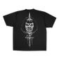Black t-shirt with a white graphic design  of Murderface impaled on a sword on a white background