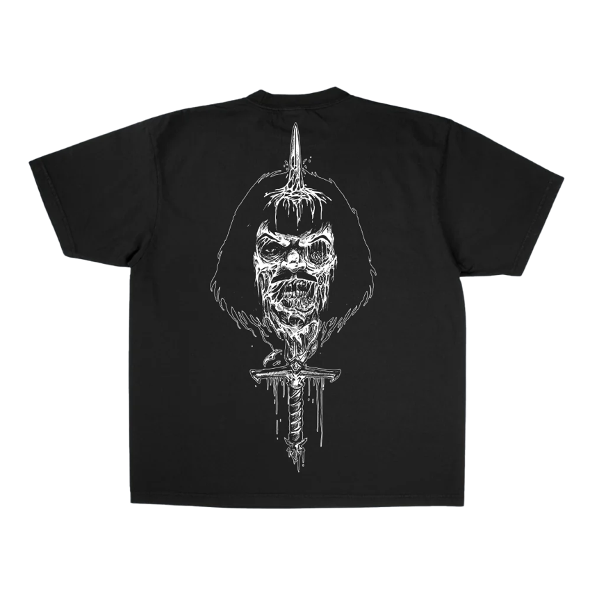 Black t-shirt with a white graphic design  of Murderface impaled on a sword on a white background